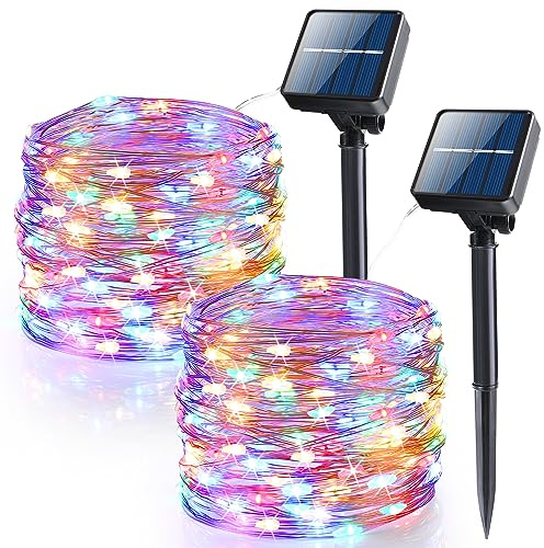 BrizLabs Solar Weihnachtsbaum Lichterkette, 2x15M 150 LED Solar Kupferdraht Lichterkette Außen 8 Modi Solarlichterkette Aussen Wesserfest für Party Garten Balkon Terrasse Hof Festival Deko, Bunt
