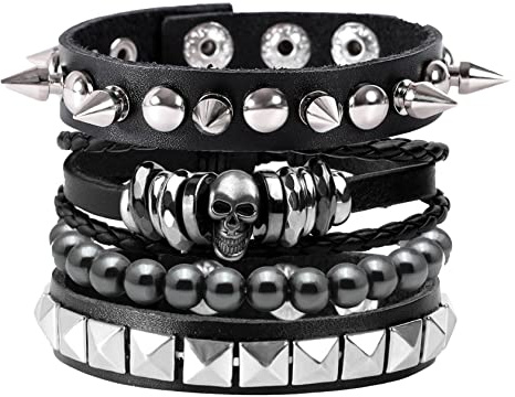 MILAKOO 4 Stk.gewebtes Lederarmband Holzperlenmanschette Herren Nieten Punk Wickelarmband Set，B12
