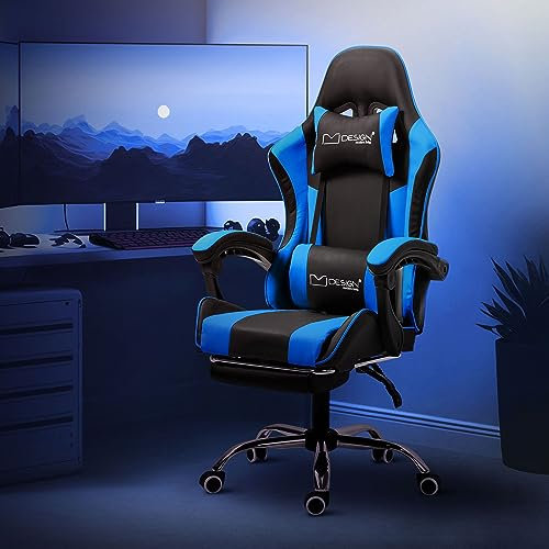 ML-Design Massage Gaming Stuhl Schwarz-Blau Kunstleder, Ergonomischer Bürostuhl, Verstellbarer Drehstuhl, Racing Gamer Stuhl mit Armlehne, Kopfstütze, Lendenkissen, Fußstütze, Schreibtischstuhl Sessel