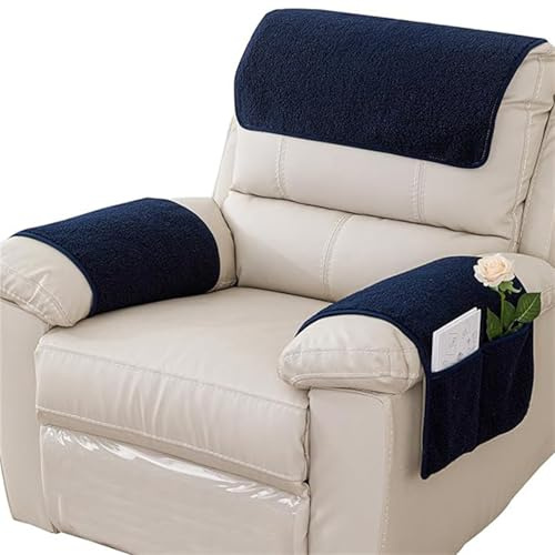 ZGDDPZA Armrest Chair Covers with Headrest, Soft Fleece Armchair Armrest Protectors with Storage Pockets, Non-Slip Furniture Covers for Leather & Fabric Chairs, Pet-Friendly(Navy,1 Seat 3PCS)