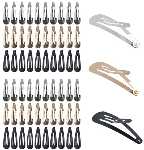 BATINO 60 Pièces Barrette Cheveux Femme, Barettes Cheveux Fille, 5cm - Barettes Cheveux Inoxydable Pinces à Cheveux Snap BB Barrettes à Cheveux en Métal pour Femme Fille Enfant (or, argent, noir)