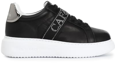 CAFèNOIR - Sneakers in Pelle con Nastro Logato con Strass, da Donna, Colore Nero, Taglia 37