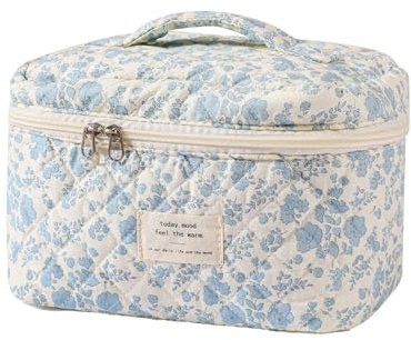 Uekeboag Grande Borsa da Viaggio Trapuntata per il Trucco da Donna, Borsa Cosmetica in Cotone Floreale, Organizer per Articoli da Toeletta Estetica, 01lithtblu-fiore