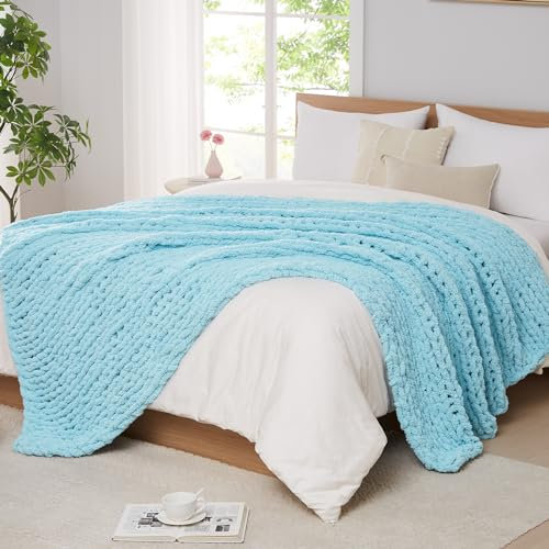 L'AGRATY Grobstrickdecke, Überwurf, weiches Chenille-Garn, Überwurf, Decke, handgefertigt, dick, Zopfstrick, Häkeldecke, große Strickdecke, grobes Garn, Seilknoten, Überwurfdecke für Couch, Sofa,