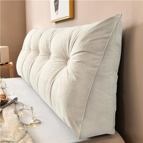 Keilkissen mit Tasche und Reißverschluss, dreieckiges Kopfteilkissen, dick, weich, Rückenlehne, Stützkissen, Bett, Sofa, Lesekissen (120 x 20 x 50 cm, gebrochenes Weiß)