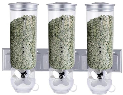 Dispensador de cereales de pared – Dispensador de pared de alimentos secos, triple dispensador | Contenedor de almacenamiento de cereales con 3 tazas, dispensador de dulces de pared para aperitivos,