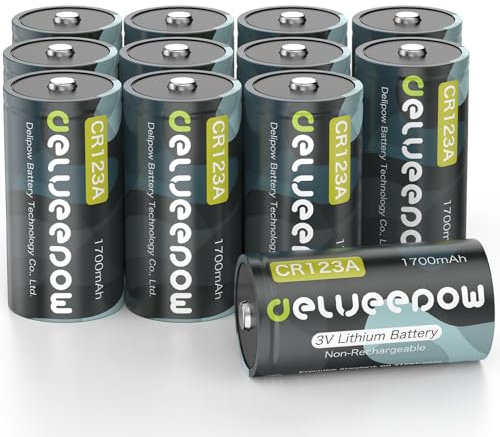 Delyeepow CR123A 3V Piles au Lithium 12 Pièces, 1700mAh 3 Volt CR123A Pile avec Photo Piles Jetables 3 Volt Pile au Lithium pour Flash D'appareil Photo, Lampe de Poche