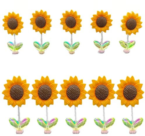 KOLZEMV 10 Stück Sonnenblumen Auto Armaturenbrett Dekorationen, auto deko, Mini Paste Wackelfigur Kopf Sonnenblume Auto Innenraum Deko Autospiegel Für Auto Innenraum Zuhause Schreibtisch Dekoration