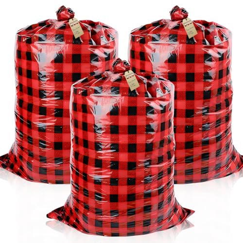 3 Stück Geschenktüten Weihnachten Groß, 142,24cm× 91,44cm Weihnachtstüten XXL mit Karten Geschenkverpackung Weihnachten Weihnachtssack Groß für Xmas Party(Schwarz Rot Raster)