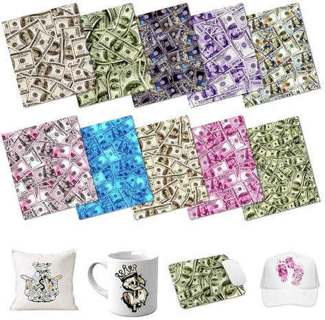 HTVSTD Hojas de transferencia de tinta para sublimación de dinero, 10 hojas de 12 x 10 pulgadas, papel de sublimación con patrón de dinero en efectivo multicolor, hojas de transferencia para tazas,