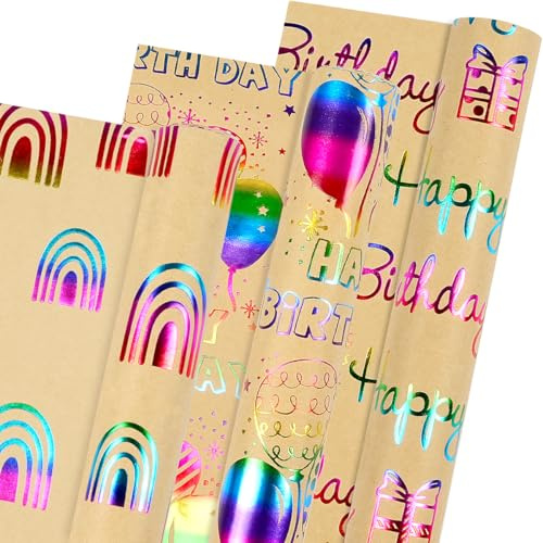 Geschenkpapier zum Geburtstag, 3 Rollen recycling Metallic Folie Happy Birthday Geschenkpapier Kraftpapier, Glänzende Geburtstag Geschenkpapierrolle für Kinder und Erwechsene, 43cm x 3m pro Rolle