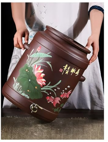 GRRICEPL Bote De Agua De Terracota con Tapa, Olla De Barro Morado con Grifo De Acero Inoxidable, Vasija De Cerámica De Porcelana Dispensador De Agua, Depósito De Agua(Multi-Colored-A,20 L)