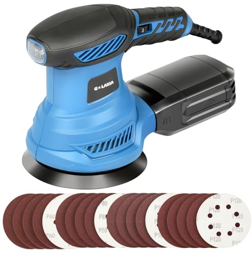 G LAXIA Random Orbital Sander, 2.5Amp 4.9-inch Electric Palm Sander with 20 piece Sanding Discs, Corded, 6 Variable Speed 6000-13000OPM and Dust Box for Woodworking, Sanding & Polishing