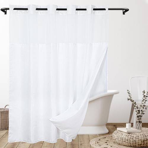 goodbath No Hook Shower Curtain and Liner Set,Luxury Waffle Bath Curtains for Bathroom Hotel, Mesh Top Window,Double Layer,180x188cm,White