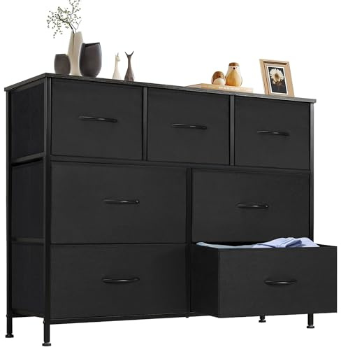 DUMOS Kommode für Schlafzimmer mit Stoffschubladen hohe Organizer für Kleidung Schrank Kinderzimmer Aufbewahrungsturm mit Schrank Metallrahmen Holzplatte leichte