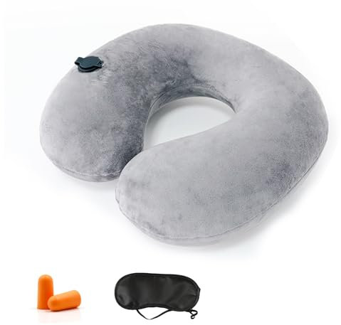 Kzouenzu Almohada De Viaje Hinchable, Inflable Cojin Cervical Viaje, Ultraligero Y Compacta, para Relajarse En Oficina, Avión, Coche, Tren [Gris]