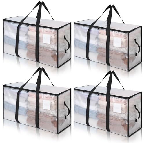 Cozary 94L Stor Förvaringsväska, 4 Stycken Vattentät Flyttväska för Kläder Med Dragkedja Och Handtag, Vikbara Garderob Lådor för Kläder, Täcken, Täcken, Transparent