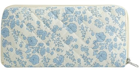 JOVAKIT Quilted Makeup Brush Holder Travel Cosmetic Bag for Women, Floral Coquette Cotton Makeup Brush Case Toiletry Zipper Make Up Pouch, Travel Storage Organizer Pouch (Blue Floral)