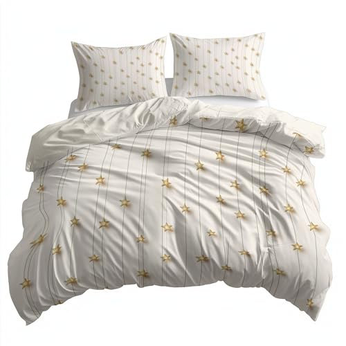 Bettwäsche Set Einfaches 3D-Design mit goldenen Sternen Beige, 180 x 200 cm Bettbezug, Mikrofaser Wendebettwäsche mit Reißverschluss, 2 Kissenbezüge 80x80 cm, Weich & Pflegeleicht, Einzelbett