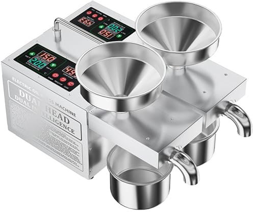 SHENGSHIYU Double Sorties D'Huile Presse a Huile de Noix, Acier Inoxydable 304 Presse Huile électrique Presse à Huile pour Les Petites Entreprises Pressage à Froid/Chaud