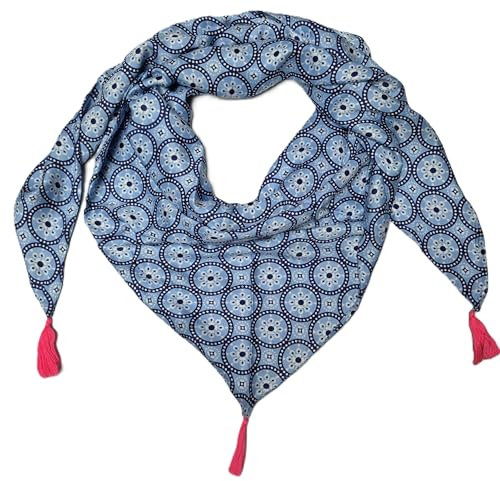 Zwillingsherz Dreieckstuch, Schal Maike Türkis-Blau mit Maritimem Muster, Rosa Quasten