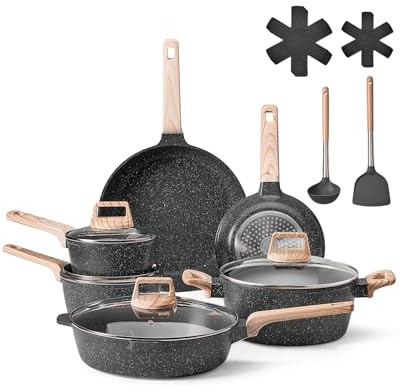 VEVOR Juego de Ollas y Sartenes Antiadherentes 17 Piezas de Granito para Cocina de Inducción, Apto para RV, con Tapas de Vidrio Templado y Protectores para Sartenes, Apto para Estufa, Color Negro