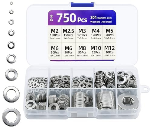 750Pcs Washers for Screws, Washers for Bolts(M2/M2.5/M3/M4/M5/M6/M8/M10/M12), 9 Sizes Washer Stainless Steel for machinery fabrication, home repairs, and more