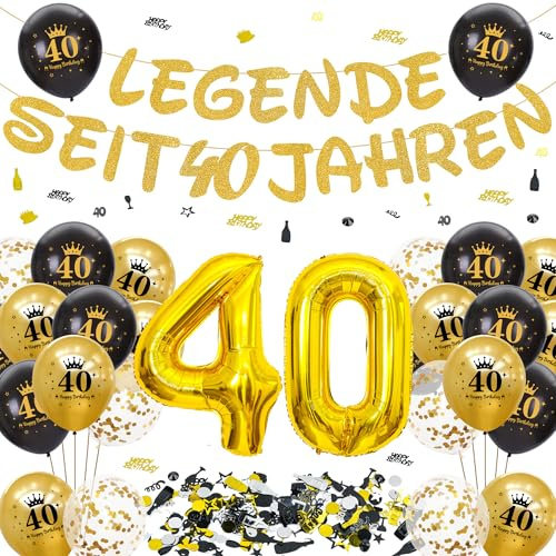 Tasoraor Deko 40 Geburtstag Mann Frau - 40. Geburtstagsdeko Girlande Schwarz Gold Luftballons und Konfetti, XXL Zahlenballon zum 40 Jahre Geburtstagsparty Dekoration