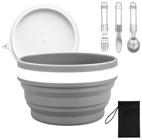 Collapsible Bowl 950ml Folding Camping Dish Set - Stainless Steel Knife Fork Spoon with Bag, Leakproof Silicone Bowl with Lid, Portable Lightweight Tableware for Travel Hiking Picnic Outdoor