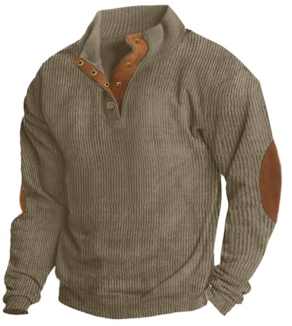 Sudadera de pana para hombre de Hisir, con cuello henley, botones a presión, cuello alto y manga larga para invierno, Verde Gris, L