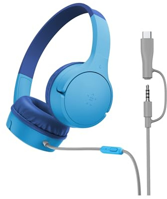 Belkin SoundForm Mini Kids Wired Headphones with USB-C to 3.5mm Dongle, Built-in Mic & Fun Stickers, 85dB Max Volume – for Online Learning, Travel, Compatible with iPhone, iPad, Galaxy, etc - Blue