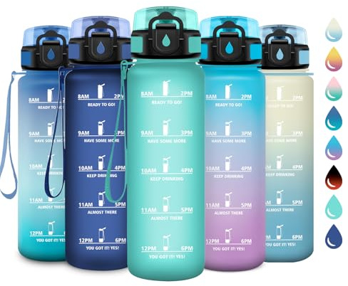 Bouteille d'eau 1L, Bouteille d'eau de Motivation avec Marqueur de Temps, Étanche et Réutilisable, Gourde avec Filtre sans BPA, Bouteille Réutilisable pour l'école, Sport, Bureau, Yoga, Camping
