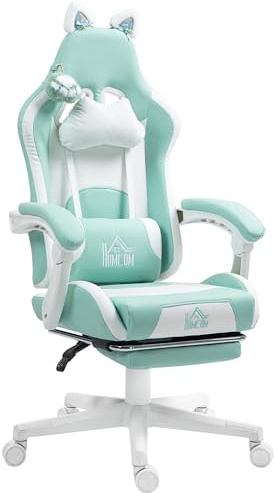 HOMCOM Sedia Gaming Ergonomica con Orecchie da Gatto Reclinabile Blu | Poltrona Gaming Ufficio, Finta Pelle, Poggiapiedi, Poggiatesta, Altezza Regolabile, Supporto Lombare e Cervicale