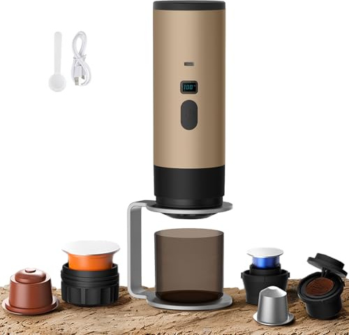 3 in 1 Macchina da Caffè Multi Capsule, Caffettiera Portatile, Caffettiere Espresso Capsule E Caffè Macinato, Macchina per Espresso Elettrico, 15 Bar, Per Ufficio Viaggi Campeggio Casa (champagne+
