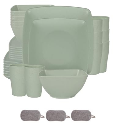 Square Plastic Dinnerware Set,Reusable Bowls Plates Cups,Unbreakable Colorful Dinner Dishes,Microwave Dishwasher Safe,Large Capacity,for Home Camping Picnic Party (Green, 32 Piece Set)