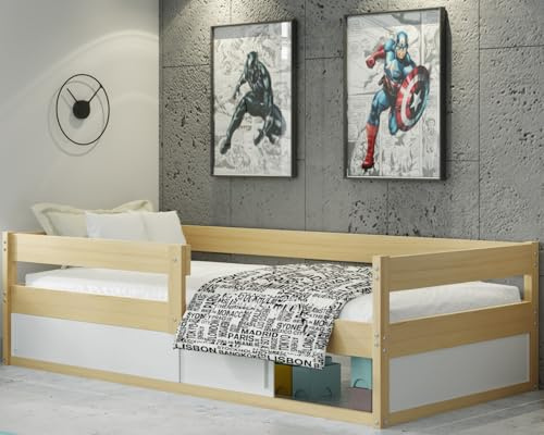 Interbeds Kinderbett Bodenbett Holzbett Einzelbett Montessori mit Rausfallschutz mit Lattenrost 160x80cm (Naturton)