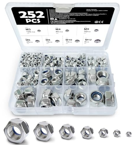 252 PCS Locknuts Assortment Kit, 7-Size (M3 M4 M5 M6 M8 M10 M12) Nylock Nuts Complete Set, Assorted Nylon Insert Locking Hex Nuts for Bolts, Screws & Maintenance