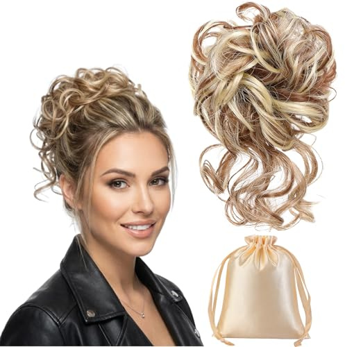 Große Dutt Haarteil Haargummi Mit Haaren Hochsteckfrisuren, Gelockt Messy Bun Haarteil mit Gummiband Synthetisch Messy Bun Haar Tousled Updo Haarteile für Frauen (Mittelbraun Mischen Erdbeerblond)