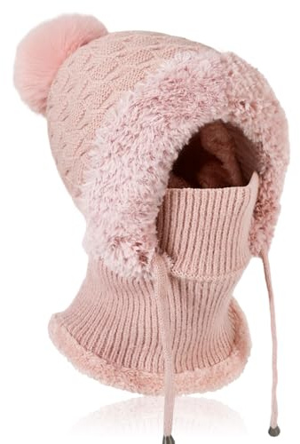 AYPOW Winter Mütze Damen mit Schal Gesichtsmaske, Thermo Strickmütze Balaclava mit Warme Fleecefutter Pompon, Weiches Dicke Beanie WintermüTZE Kapuzenschal Skimütze Hut für Outdoor