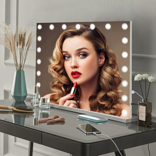 Saimeihome Schminkspiegel mit Beleuchtung 100x80cm, Hollywood Spiegel - 3 Farbtemperaturen, Dimmbar Kosmetikspiegel mit Touch Control, USB-Anschluss