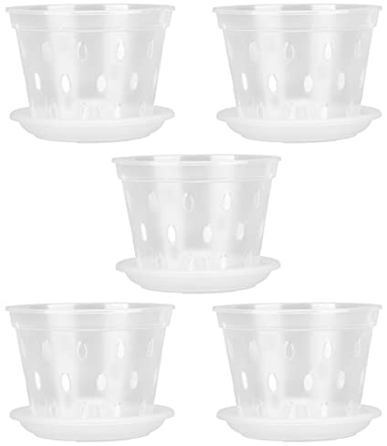 Cosiki Set Fioriera Traspirante per Orchidee con Sottovasi, Vasi Trasparenti con Fori per il Rinvaso, Regalo per Giardinaggio Interno Ed Esterno 5 Pezzi per Ufficio Phalaenopsis, Plastica