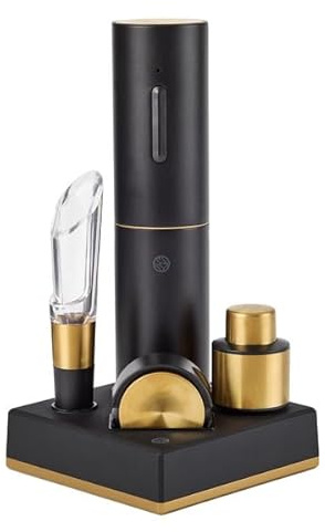 Rabbit 5-Piece Electric Wine Set with Automatic Corkscrew, Aerator, Foil Cutter, Vacuum Preserver, Charging Base, Black and Gold