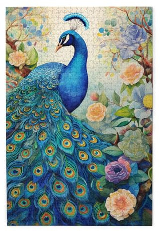 Puzzle photo de paon bleu dans la forêt enchantée. Puzzle en bois pour adultes et enfants - Décoration de puzzle stimulante