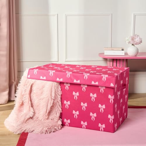 OHS Storage Boxes with Lids, Bow Print Decorative Collapsible Storage Box and Handle Wardrobe Organiser Bin Foldable Fabric Basket Organiser for Clothes Book Shelf Office