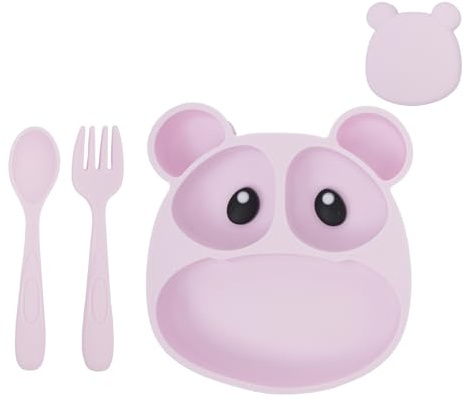 TONGYUANDA Tiefes Silikon Geschirr Set – Robuster Teller mit Unterteilung & Besteck – Viel Stauraum & Kippsicher durch Eigengewicht – BPA-frei & Spülmaschinenfest für Baby Ledgeweöhnt (Rosa, Panda)