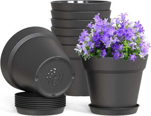 LATERN 10 Piezas Macetas de Plástico, 15CM Maceta Gruesa para Plantas Macetero para Vivero con Control de Raíces con Orificio de Drenaje y Plato para Plantas Flores Hierbas Suculentas Cactus (Negro)