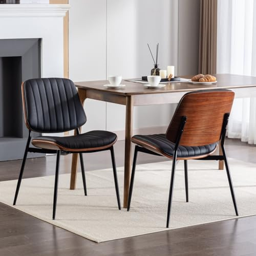 Set De 2 Chaises De Salle À Manger Mid Century Moderne,Chaises En Similicuir Avec Dossier En Bois De Noyer Et Pieds Métalliques,Chaises Rembourrées En Cuir PU Pour Cuisine Et Salle À Manger,Noir
