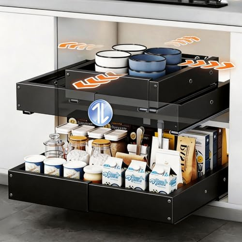 HONZUEN Cajones Extraíbles para Cocina y Armario, Organizador Ajustable 41.5-55cm Fondo y 29-48cm Ancho, Cajón Telescópico Multiusos con Adhesivo o Tornillos, Acero al Carbono, Negro, 2 Piezas