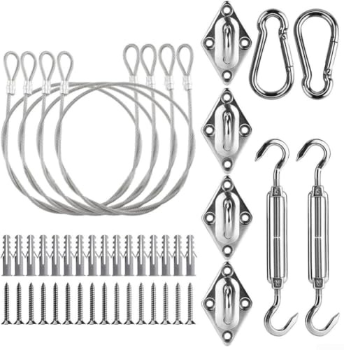 Kit hardware resistente in acciaio inossidabile per vela parasole 44 pezzi con tenditori regolabili e fune metallica per installazione triangolare rettangolare quadrata patio