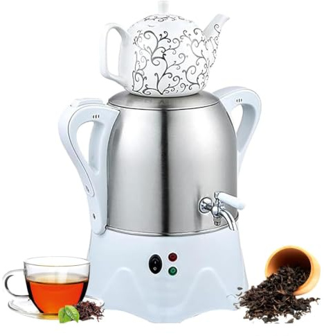 Elektrisk Turkisk Temaskin 2000W Samovar 3L+1L | 3L Rostfritt Stål, 1L Keramisk Tekanna, Varmhållning, Auto Av(white)